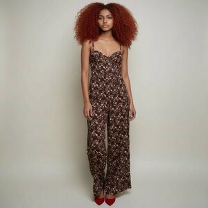 AUW Floral Wide Leg Jumpsuit Romper Sweetheart Neck Brown